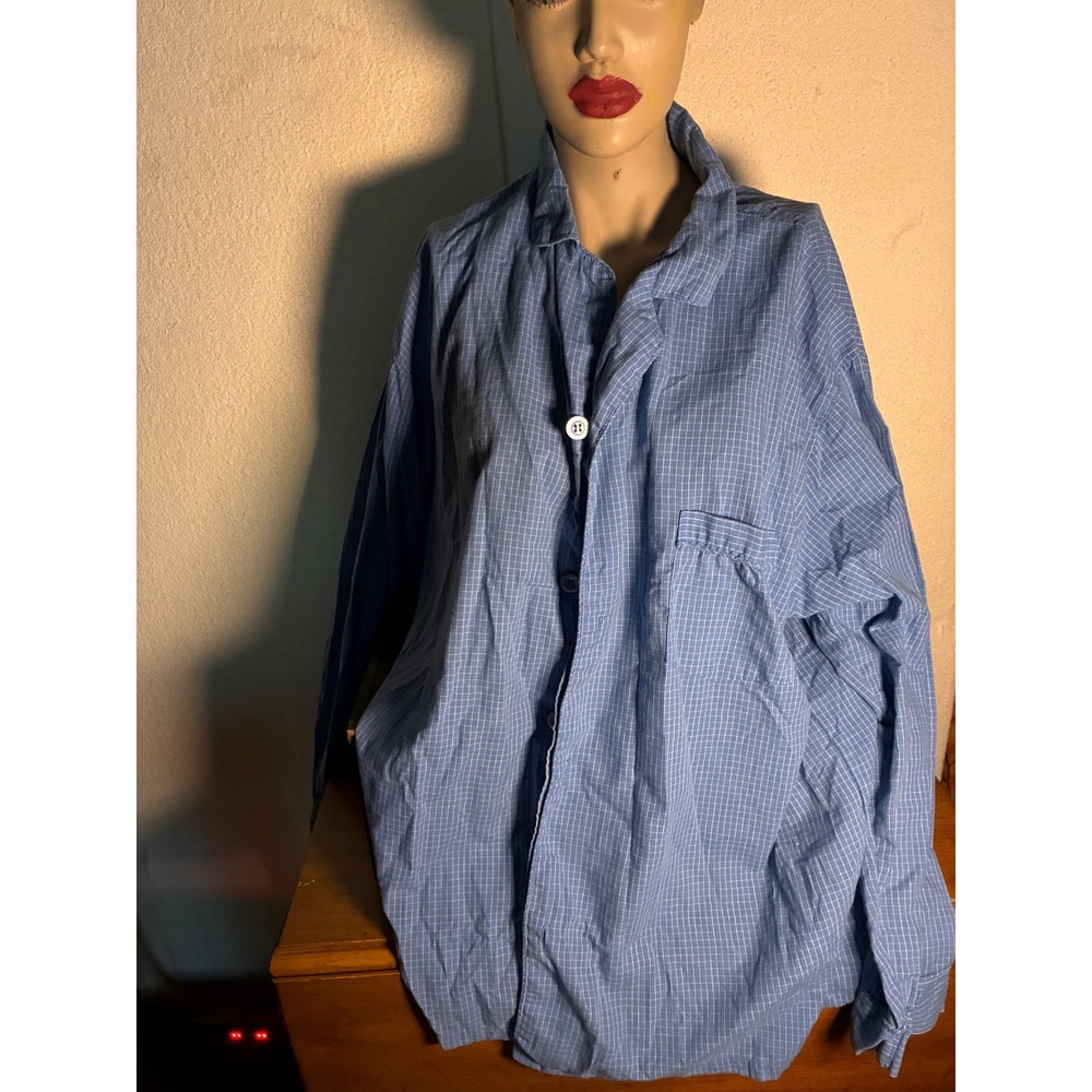 Hanes Pajama Top Mens L Blue Grid Check Long Sleeve Button Down Excellent Sleep